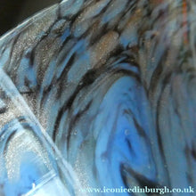 Load image into Gallery viewer, SCOTTISH GLASS. MONART Glass Vase. Thistle Shape. Mottled Powder Blue and Black Flecks &amp; Gold Aventurine at the Rim
