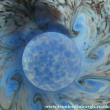 Load image into Gallery viewer, SCOTTISH GLASS. MONART Glass Vase. Thistle Shape. Mottled Powder Blue and Black Flecks &amp; Gold Aventurine at the Rim
