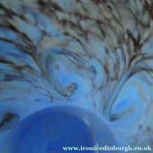 Load image into Gallery viewer, SCOTTISH GLASS. MONART Glass Vase. Thistle Shape. Mottled Powder Blue and Black Flecks &amp; Gold Aventurine at the Rim
