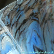 Load image into Gallery viewer, SCOTTISH GLASS. MONART Glass Vase. Thistle Shape. Mottled Powder Blue and Black Flecks &amp; Gold Aventurine at the Rim
