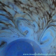 Load image into Gallery viewer, SCOTTISH GLASS. MONART Glass Vase. Thistle Shape. Mottled Powder Blue and Black Flecks &amp; Gold Aventurine at the Rim
