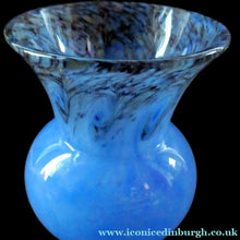Load image into Gallery viewer, SCOTTISH GLASS. MONART Glass Vase. Thistle Shape. Mottled Powder Blue and Black Flecks &amp; Gold Aventurine at the Rim
