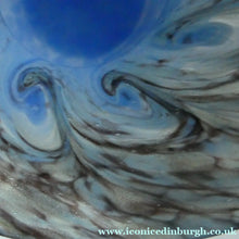 Load image into Gallery viewer, SCOTTISH GLASS. MONART Glass Vase. Thistle Shape. Mottled Powder Blue and Black Flecks &amp; Gold Aventurine at the Rim
