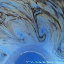 Load image into Gallery viewer, SCOTTISH GLASS. MONART Glass Vase. Thistle Shape. Mottled Powder Blue and Black Flecks &amp; Gold Aventurine at the Rim
