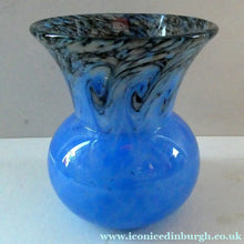 Load image into Gallery viewer, SCOTTISH GLASS. MONART Glass Vase. Thistle Shape. Mottled Powder Blue and Black Flecks &amp; Gold Aventurine at the Rim
