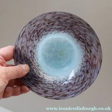 Load image into Gallery viewer, SCOTTISH GLASS. Pretty VASART Shallow Sky Blue Mottled Bowl with Black and Gold Aventurine Flecks on Rim. 6 inches 
