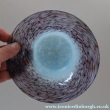 Load image into Gallery viewer, SCOTTISH GLASS. Pretty VASART Shallow Sky Blue Mottled Bowl with Black and Gold Aventurine Flecks on Rim. 6 inches 
