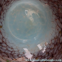 Load image into Gallery viewer, SCOTTISH GLASS. Pretty VASART Shallow Sky Blue Mottled Bowl with Black and Gold Aventurine Flecks on Rim. 6 inches 
