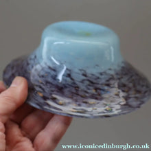 Load image into Gallery viewer, SCOTTISH GLASS. Pretty VASART Shallow Sky Blue Mottled Bowl with Black and Gold Aventurine Flecks on Rim. 6 inches 
