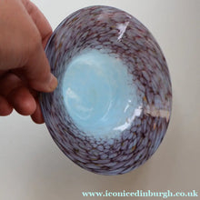 Load image into Gallery viewer, SCOTTISH GLASS. Pretty VASART Shallow Sky Blue Mottled Bowl with Black and Gold Aventurine Flecks on Rim. 6 inches 
