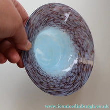 Load image into Gallery viewer, SCOTTISH GLASS. Pretty VASART Shallow Sky Blue Mottled Bowl with Black and Gold Aventurine Flecks on Rim. 6 inches 
