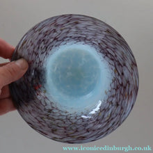 Load image into Gallery viewer, SCOTTISH GLASS. Pretty VASART Shallow Sky Blue Mottled Bowl with Black and Gold Aventurine Flecks on Rim. 6 inches 

