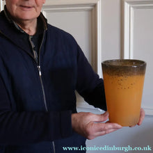 Load image into Gallery viewer, SCOTTISH GLASS. Unusual Orange Colour. Signed VASART Glass Bucket Vase with Gold Aventurine. 7 1/2 inches
