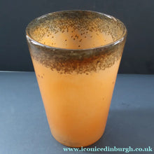 Load image into Gallery viewer, SCOTTISH GLASS. Unusual Orange Colour. Signed VASART Glass Bucket Vase with Gold Aventurine. 7 1/2 inches
