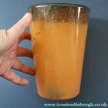 Load image into Gallery viewer, SCOTTISH GLASS. Unusual Orange Colour. Signed VASART Glass Bucket Vase with Gold Aventurine. 7 1/2 inches
