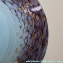 Load image into Gallery viewer, SCOTTISH GLASS. Pretty VASART Shallow Sky Blue Mottled Bowl with Black and Gold Aventurine Flecks on Rim. 6 inches 
