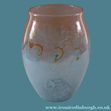 Load image into Gallery viewer, SCOTTISH GLASS. Very Large MONART Glass Vase. Bulbous Shape (MF). Mottled Pale Blue with Peach Flecks. 10 1/2 inches high
