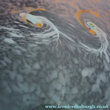 Load image into Gallery viewer, SCOTTISH GLASS. Very Large MONART Glass Vase. Bulbous Shape (MF). Mottled Pale Blue with Peach Flecks. 10 1/2 inches high
