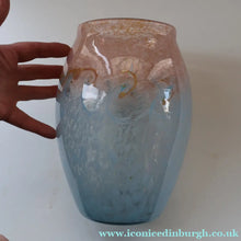 Load image into Gallery viewer, SCOTTISH GLASS. Very Large MONART Glass Vase. Bulbous Shape (MF). Mottled Pale Blue with Peach Flecks. 10 1/2 inches high

