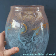 Load image into Gallery viewer, SCOTTISH GLASS. Very Large MONART Glass Vase. Bulbous Shape (MF). Mottled Pale Blue with Peach Flecks. 10 1/2 inches high
