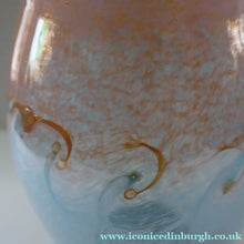 Load image into Gallery viewer, SCOTTISH GLASS. Very Large MONART Glass Vase. Bulbous Shape (MF). Mottled Pale Blue with Peach Flecks. 10 1/2 inches high
