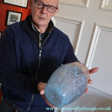 Load image into Gallery viewer, SCOTTISH GLASS. Very Large MONART Glass Vase. Bulbous Shape (MF). Mottled Pale Blue with Peach Flecks. 10 1/2 inches high
