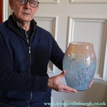 Load image into Gallery viewer, SCOTTISH GLASS. Very Large MONART Glass Vase. Bulbous Shape (MF). Mottled Pale Blue with Peach Flecks. 10 1/2 inches high
