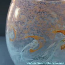 Load image into Gallery viewer, SCOTTISH GLASS. Very Large MONART Glass Vase. Bulbous Shape (MF). Mottled Pale Blue with Peach Flecks. 10 1/2 inches high
