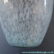 Load image into Gallery viewer, SCOTTISH GLASS. Very Large MONART Glass Vase. Bulbous Shape (MF). Mottled Pale Blue with Peach Flecks. 10 1/2 inches high
