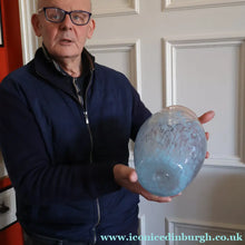 Load image into Gallery viewer, SCOTTISH GLASS. Very Large MONART Glass Vase. Bulbous Shape (MF). Mottled Pale Blue with Peach Flecks. 10 1/2 inches high
