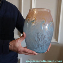 Load image into Gallery viewer, SCOTTISH GLASS. Very Large MONART Glass Vase. Bulbous Shape (MF). Mottled Pale Blue with Peach Flecks. 10 1/2 inches high
