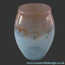 Load image into Gallery viewer, SCOTTISH GLASS. Very Large MONART Glass Vase. Bulbous Shape (MF). Mottled Pale Blue with Peach Flecks. 10 1/2 inches high
