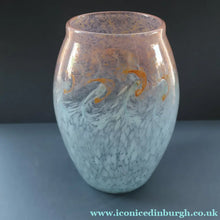 Load image into Gallery viewer, SCOTTISH GLASS. Very Large MONART Glass Vase. Bulbous Shape (MF). Mottled Pale Blue with Peach Flecks. 10 1/2 inches high
