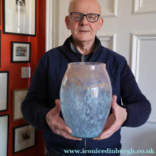 Load image into Gallery viewer, SCOTTISH GLASS. Very Large MONART Glass Vase. Bulbous Shape (MF). Mottled Pale Blue with Peach Flecks. 10 1/2 inches high
