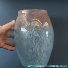 Load image into Gallery viewer, SCOTTISH GLASS. Very Large MONART Glass Vase. Bulbous Shape (MF). Mottled Pale Blue with Peach Flecks. 10 1/2 inches high

