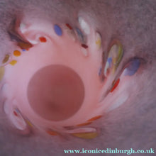 Load image into Gallery viewer, SCOTTISH GLASS. Vintage 1960s Strathearn Vase Aventurine Inclusions, Tutti Frutti Swirls. Leaping Salmon Mark.  8 inches
