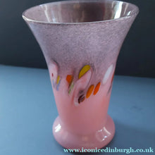Load image into Gallery viewer, SCOTTISH GLASS. Vintage 1960s Strathearn Vase Aventurine Inclusions, Tutti Frutti Swirls. Leaping Salmon Mark.  8 inches
