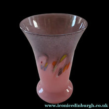 Load image into Gallery viewer, SCOTTISH GLASS. Vintage 1960s Strathearn Vase Aventurine Inclusions, Tutti Frutti Swirls. Leaping Salmon Mark.  8 inches
