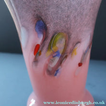 Load image into Gallery viewer, SCOTTISH GLASS. Vintage 1960s Strathearn Vase Aventurine Inclusions, Tutti Frutti Swirls. Leaping Salmon Mark.  8 inches
