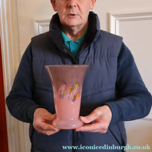 Load image into Gallery viewer, SCOTTISH GLASS. Vintage 1960s Strathearn Vase Aventurine Inclusions, Tutti Frutti Swirls. Leaping Salmon Mark.  8 inches
