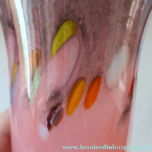 Load image into Gallery viewer, SCOTTISH GLASS. Vintage 1960s Strathearn Vase Aventurine Inclusions, Tutti Frutti Swirls. Leaping Salmon Mark.  8 inches
