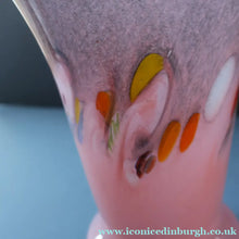 Load image into Gallery viewer, SCOTTISH GLASS. Vintage 1960s Strathearn Vase Aventurine Inclusions, Tutti Frutti Swirls. Leaping Salmon Mark.  8 inches
