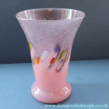 Load image into Gallery viewer, SCOTTISH GLASS. Vintage 1960s Strathearn Vase Aventurine Inclusions, Tutti Frutti Swirls. Leaping Salmon Mark.  8 inches

