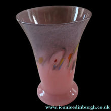 Load image into Gallery viewer, SCOTTISH GLASS. Vintage 1960s Strathearn Vase Aventurine Inclusions, Tutti Frutti Swirls. Leaping Salmon Mark.  8 inches
