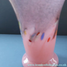 Load image into Gallery viewer, SCOTTISH GLASS. Vintage 1960s Strathearn Vase Aventurine Inclusions, Tutti Frutti Swirls. Leaping Salmon Mark.  8 inches
