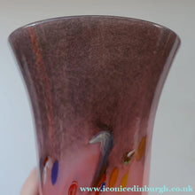 Load image into Gallery viewer, SCOTTISH GLASS. Vintage 1960s Strathearn Vase Aventurine Inclusions, Tutti Frutti Swirls. Leaping Salmon Mark.  8 inches

