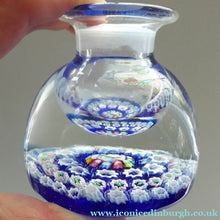 Load image into Gallery viewer, SCOTTISH GLASS. Vintage JOHN DEACONS Perfume Bottle Blue with Millefiori Canes. Thistle Canes
