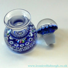 Load image into Gallery viewer, SCOTTISH GLASS. Vintage JOHN DEACONS Perfume Bottle Blue with Millefiori Canes. Thistle Canes
