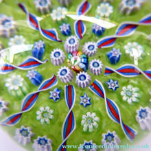 Load image into Gallery viewer, Scottish PERTHSHIRE Paperweight. Pea Green Ground, 11 Spokes &amp; Millefiori Canes. P Cane in Center
