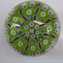 Load image into Gallery viewer, Scottish PERTHSHIRE Paperweight. Pea Green Ground, 11 Spokes &amp; Millefiori Canes. P Cane in Center
